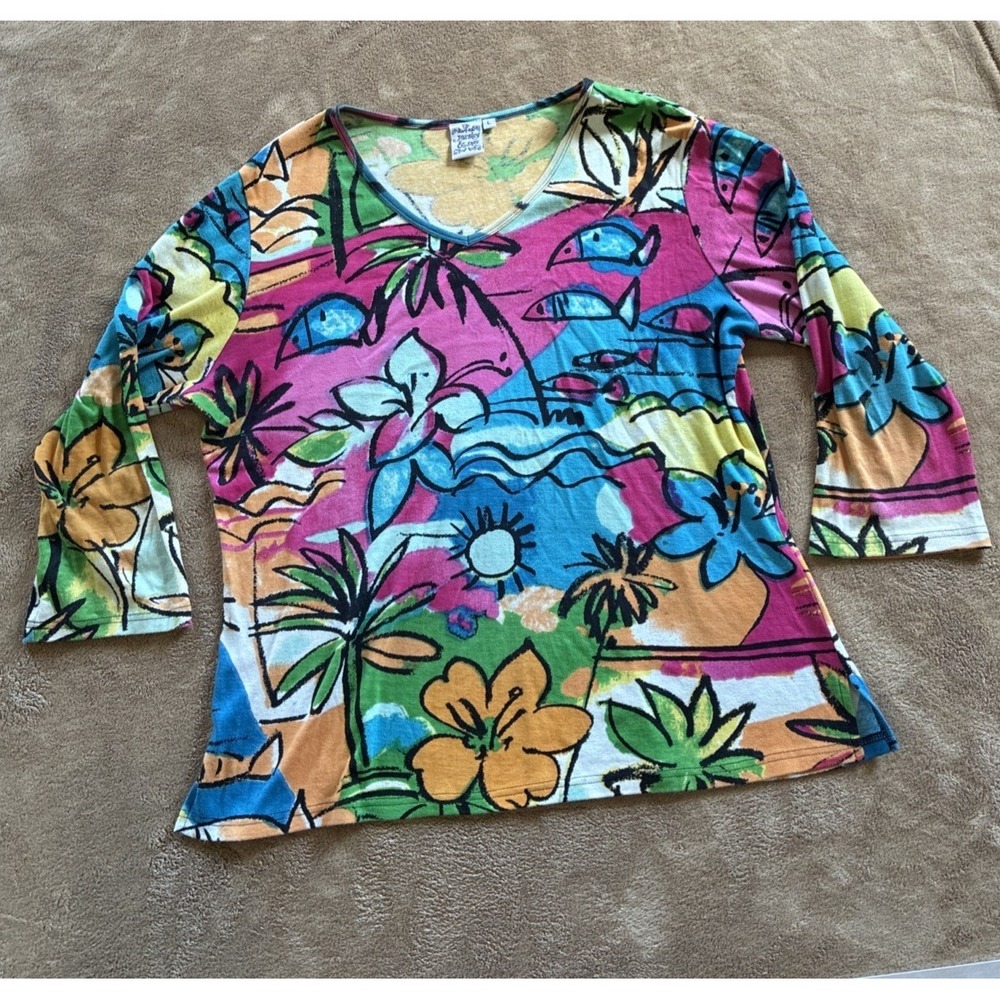 VTG Women's Top Large Multicolored Watercolor Fish & Botanical Print Art Teacher